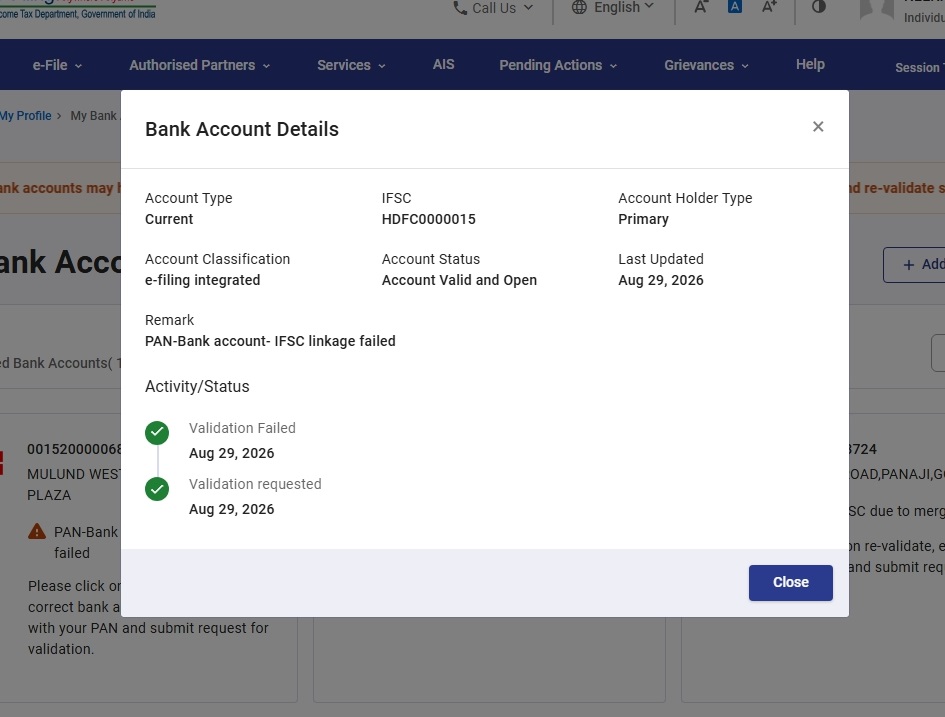 Domain investor cannot add hdfc current account to her incometax profile due to financial fraud